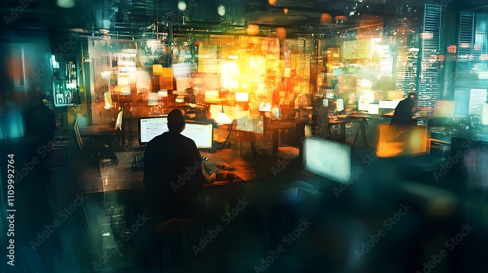Fototapeta premium Busy open workspace with motion blur and lighting