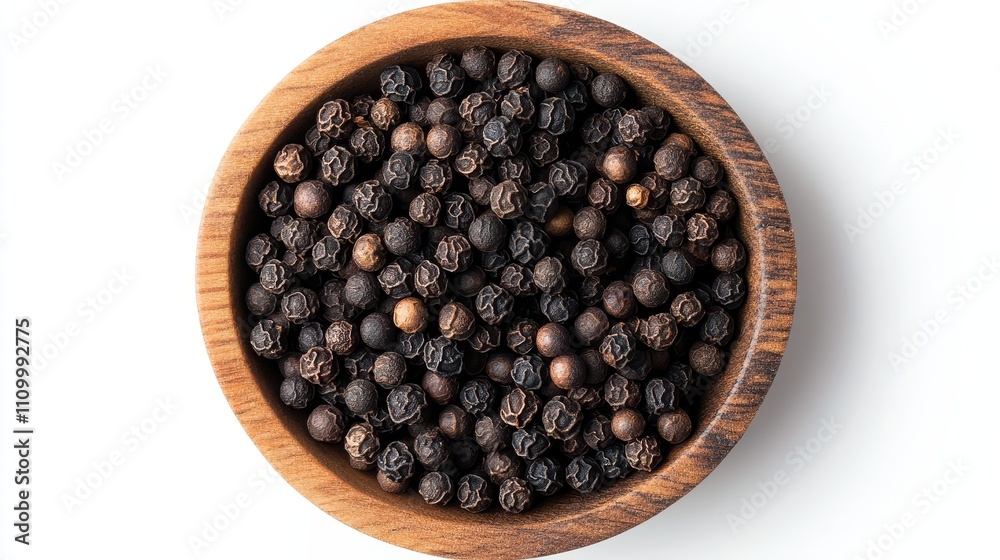 Black peppercorns in a wooden bowl. Perfect for food blogs, spice websites, or culinary recipes. Black peppercorns in a wooden bowl. Perfect for food blogs, spice websites, or culinary recipes.
