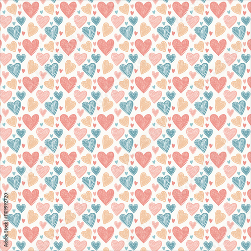 Pastel Hearts Hand-Drawn Pattern: A Charming Valentine's Day Design. AI Generated