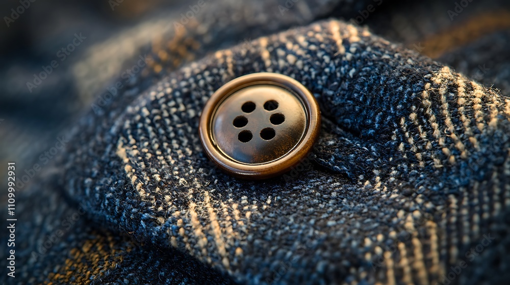 Wooden Button on a Textured Fabric Garment Wooden Button on a Textured Fabric Garment