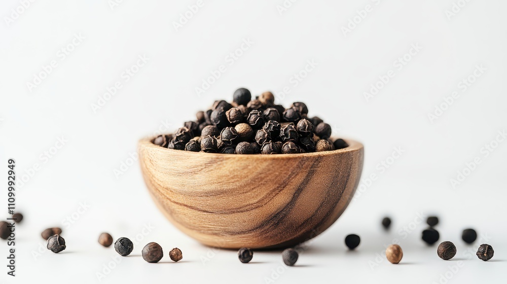 Black peppercorns in a wooden bowl, close-up shot. Illustrates spice, food, and culinary themes. Black peppercorns in a wooden bowl, close-up shot. Illustrates spice, food, and culinary themes.