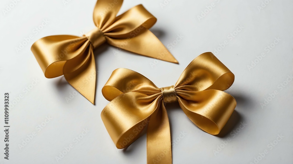 Close-up of a gold ribbon bows on a white background Close-up of a gold ribbon bows on a white background