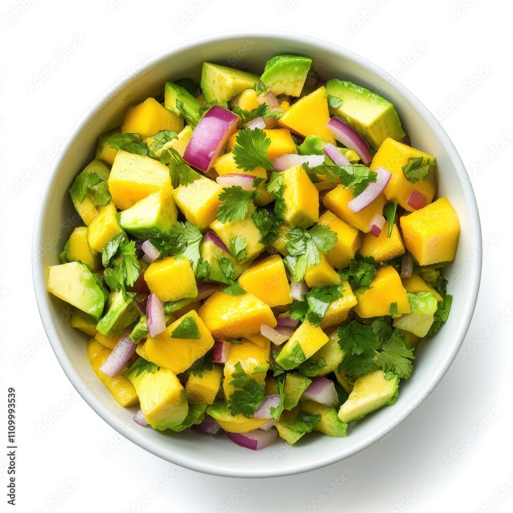 A refreshing mango and avocado salsa with diced mango, avocado, red onion A refreshing mango and avocado salsa with diced mango, avocado, red onion