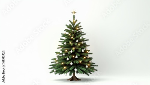 A tall Christmas tree with white ornaments and lights on a green base against a light background photo