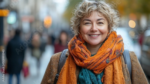 Confident and Stylish Woman Embracing Her Body with Joyful Stride on Busy City Street