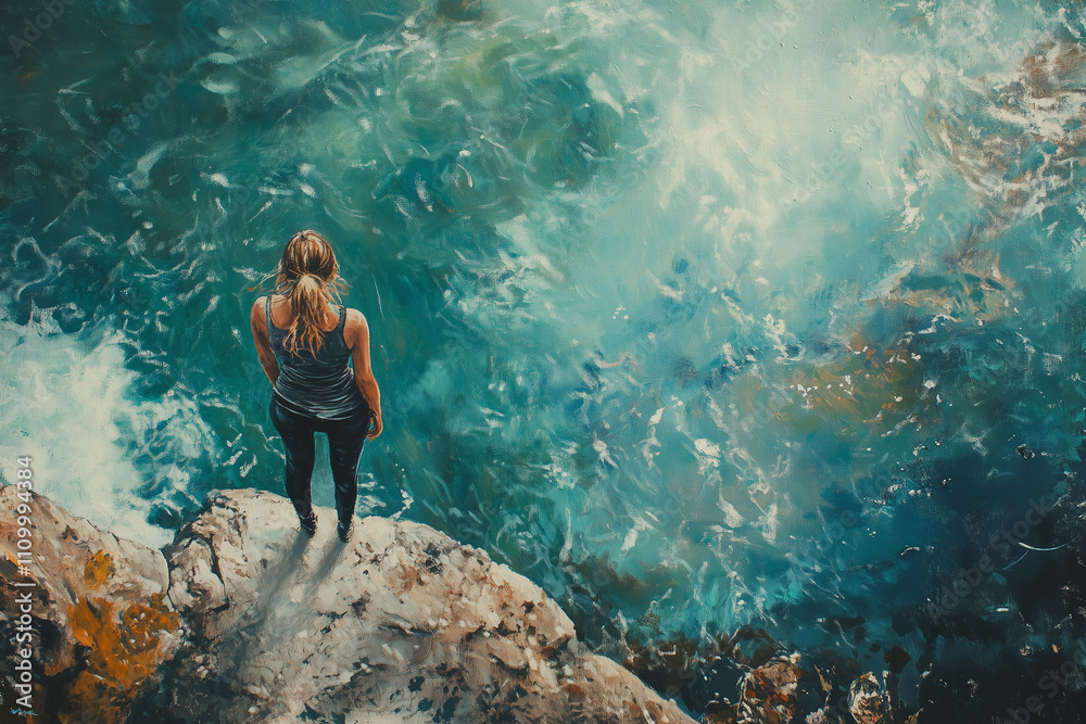 Woman standing on the edge of a rock, gazing out at the ocean Woman standing on the edge of a rock, gazing out at the ocean
