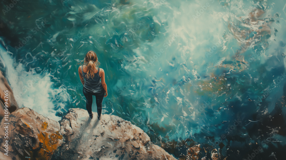 Woman standing on the edge of a rock, gazing out at the ocean Woman standing on the edge of a rock, gazing out at the ocean