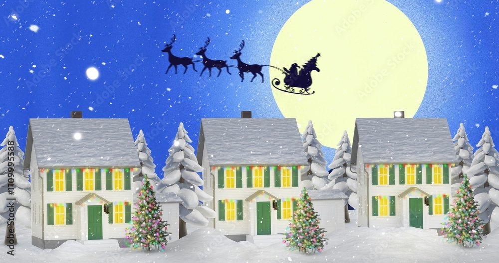 Naklejka premium Santa's sleigh flies over snow-covered houses at night