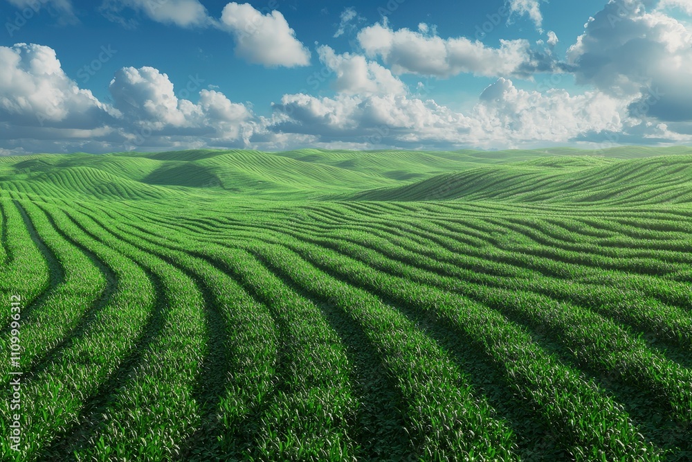Lush Green Rolling Hills Under Bright Blue Sky with Fluffy Clouds in a Scenic Landscape Lush Green Rolling Hills Under Bright Blue Sky with Fluffy Clouds in a Scenic Landscape