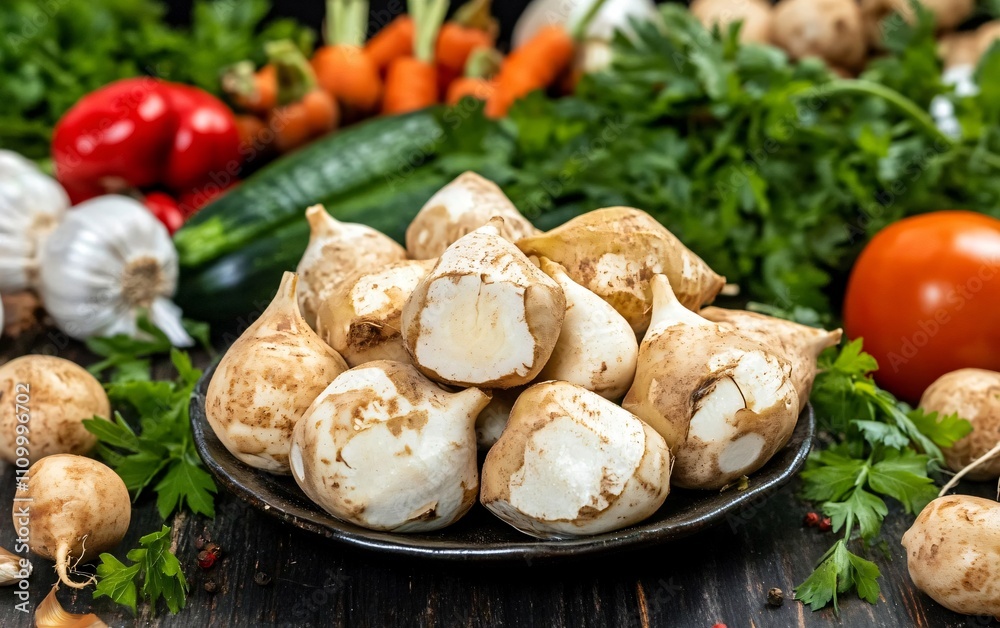 A plate of white root vegetables surrounded by fresh produce on a wooden table. A plate of white root vegetables surrounded by fresh produce on a wooden table.