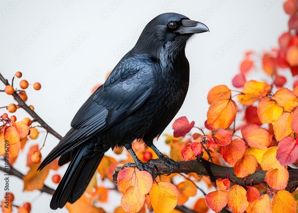 Obraz premium Raven Perched on Autumn Branch
