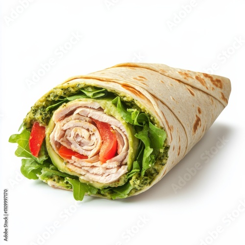 A savory turkey and avocado wrap with mixed greens, roasted red peppers, and a light pesto spread