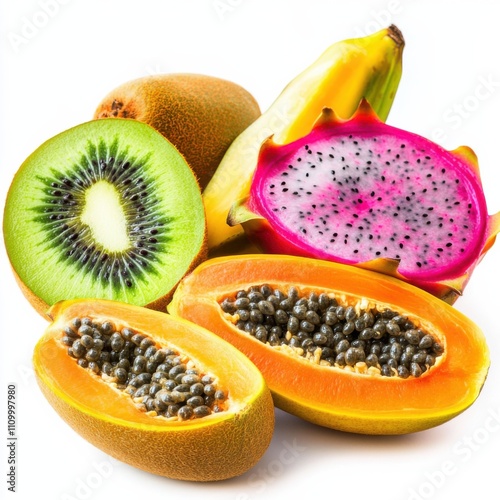 A selection of exotic fruits: kiwi, dragon fruit, and papaya photo