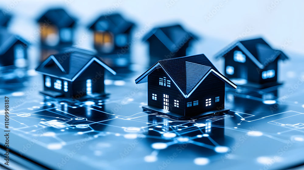 A digital representation of houses connected by a network, symbolizing smart homes and technology in real estate A digital representation of houses connected by a network, symbolizing smart homes and technology in real estate