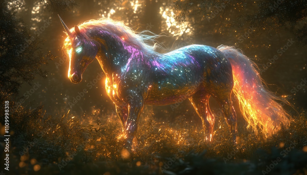 mystical twilight forest with iridescent horse and glowing mushrooms mystical twilight forest with iridescent horse and glowing mushrooms