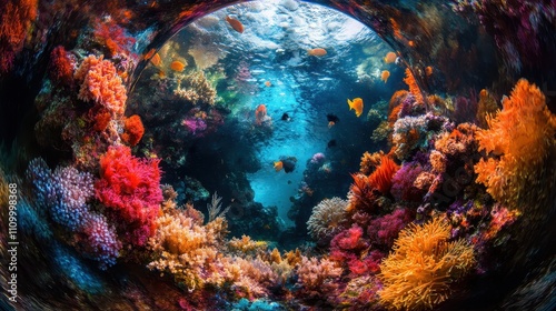 Fototapeta Naklejka Na Ścianę i Meble -  A colorful coral reef with many fish swimming around