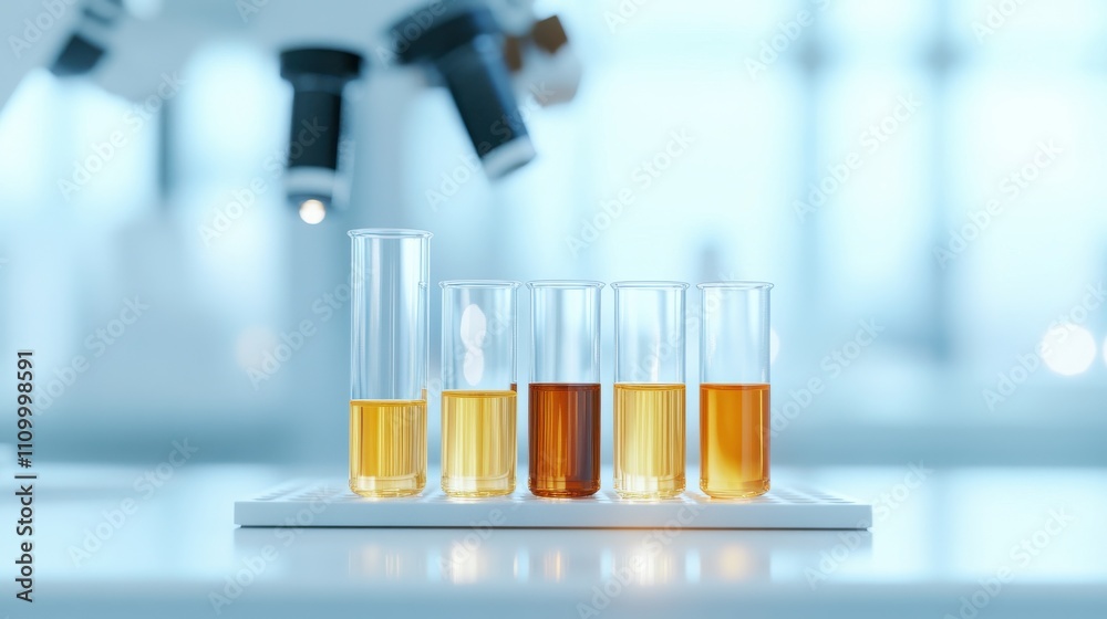 Test tubes with liquid samples under a microscope in a lab setting. Test tubes with liquid samples under a microscope in a lab setting.