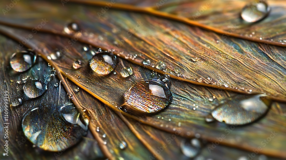 Dewdrops Adorn Vibrant Peacock Feathers Close Up Dewdrops Adorn Vibrant Peacock Feathers Close Up