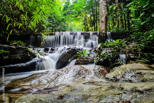 Beautiful Small Waterfall in Green Forest in jungle at Pha Lat Temple (Sakithaka),Chiang Mai, Northern Thailand
