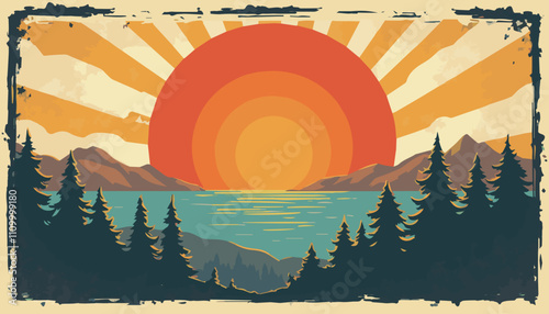 The sun rises over the mountains, reflects in the lake and illuminates the tops of the pines. A clipping from an old magazine. Retro style. Vector illustration of EPS 10.