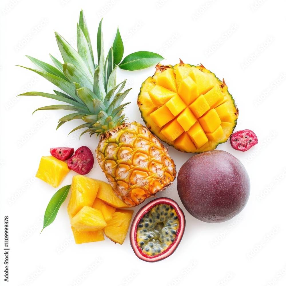 A selection of tropical fruits: mango, pineapple, and passion fruit A selection of tropical fruits: mango, pineapple, and passion fruit