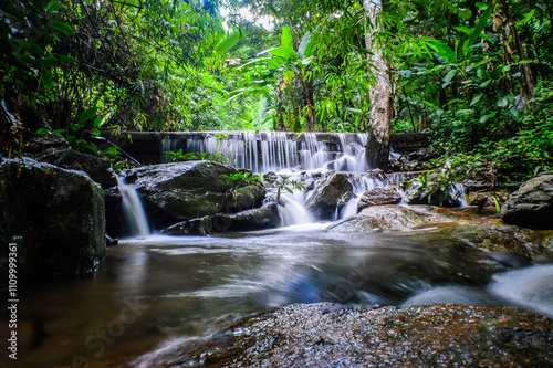 Beautiful Small Waterfall in Green Forest in jungle at Pha Lat Temple (Sakithaka),Chiang Mai, Northern Thailand