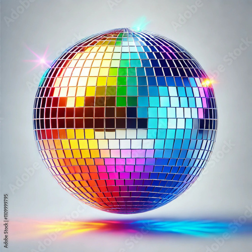  A rainbow-colored disco ball isolated on a white background. 