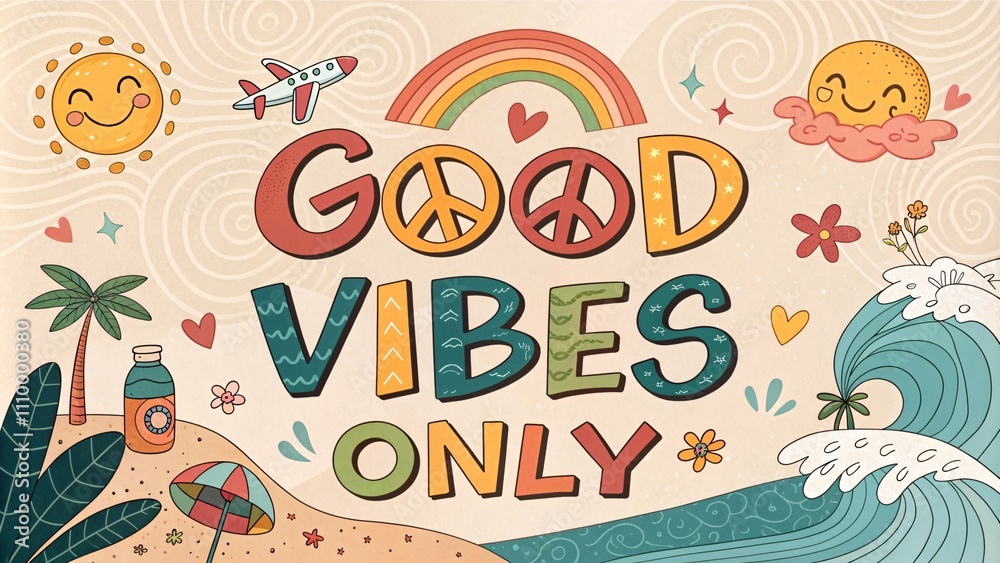 Colorful doodle art promoting positivity with 'Good Vibes Only' message. Colorful doodle art promoting positivity with 'Good Vibes Only' message.