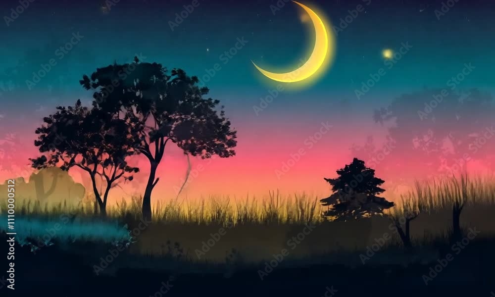 A serene night sky with a crescent moon, stars, and silhouettes of trees against a colorful backdrop. A serene night sky with a crescent moon, stars, and silhouettes of trees against a colorful backdrop.