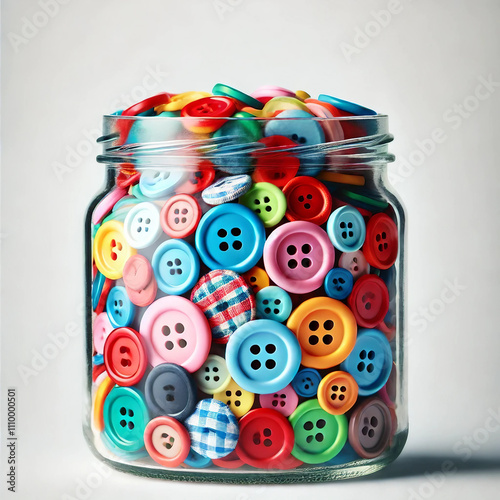 A jar filled with colorful buttons isolated on a white background.