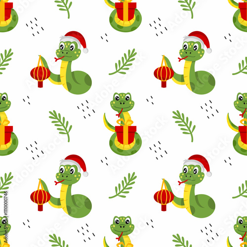 Seamless endless pattern with cute New Year snakes. Decorative element of postcard. Background for printing on fabric and wrapping paper. symbol of year 2025 according to Eastern calendar