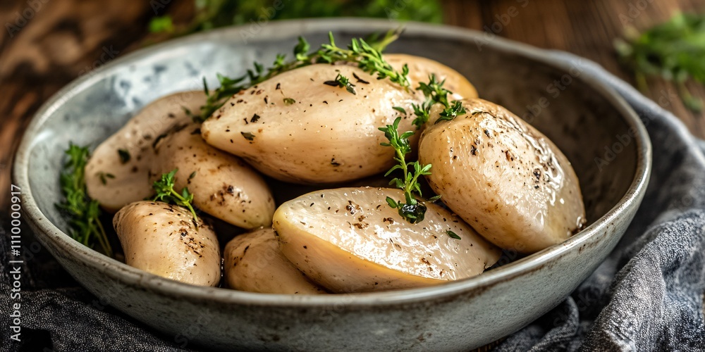 A bowl of cooked potatoes garnished with fresh thyme on a rustic table. A bowl of cooked potatoes garnished with fresh thyme on a rustic table.