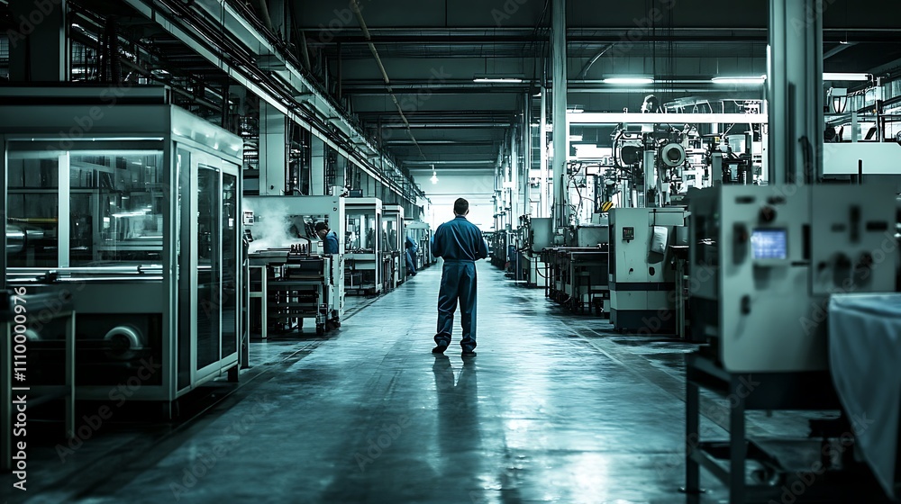 Factory worker walking down a long aisle of industrial machinery. Factory worker walking down a long aisle of industrial machinery.