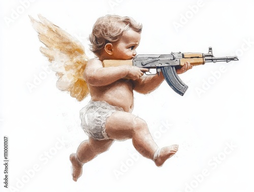 Cupid holding an orange AK-47, grey background, tattoo design in the style of hyperrealistic, white ink on paper, stencil drawing,