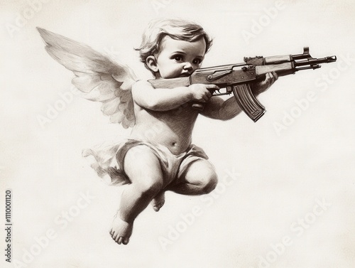 Cupid holding an orange AK-47, grey background, tattoo design in the style of hyperrealistic, white ink on paper, stencil drawing,