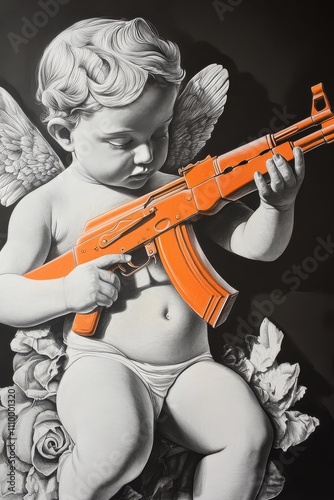 Cupid holding an orange AK-47, grey background, tattoo design in the style of hyperrealistic, white ink on paper, stencil drawing,