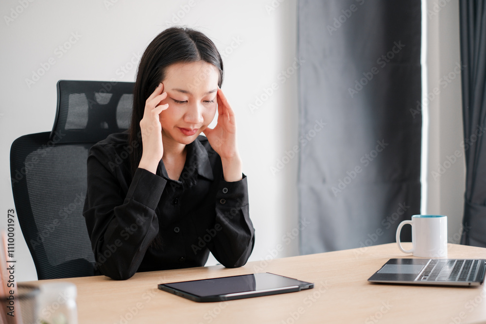 Professional woman in office attire sits at a desk with a tablet and laptop, appearing deep in thought.
