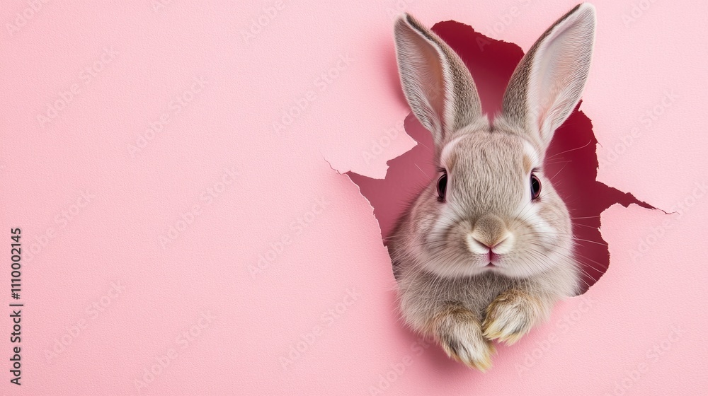 Obraz premium Banner with copy space and a charming rabbit's head looking through a torn pink surface