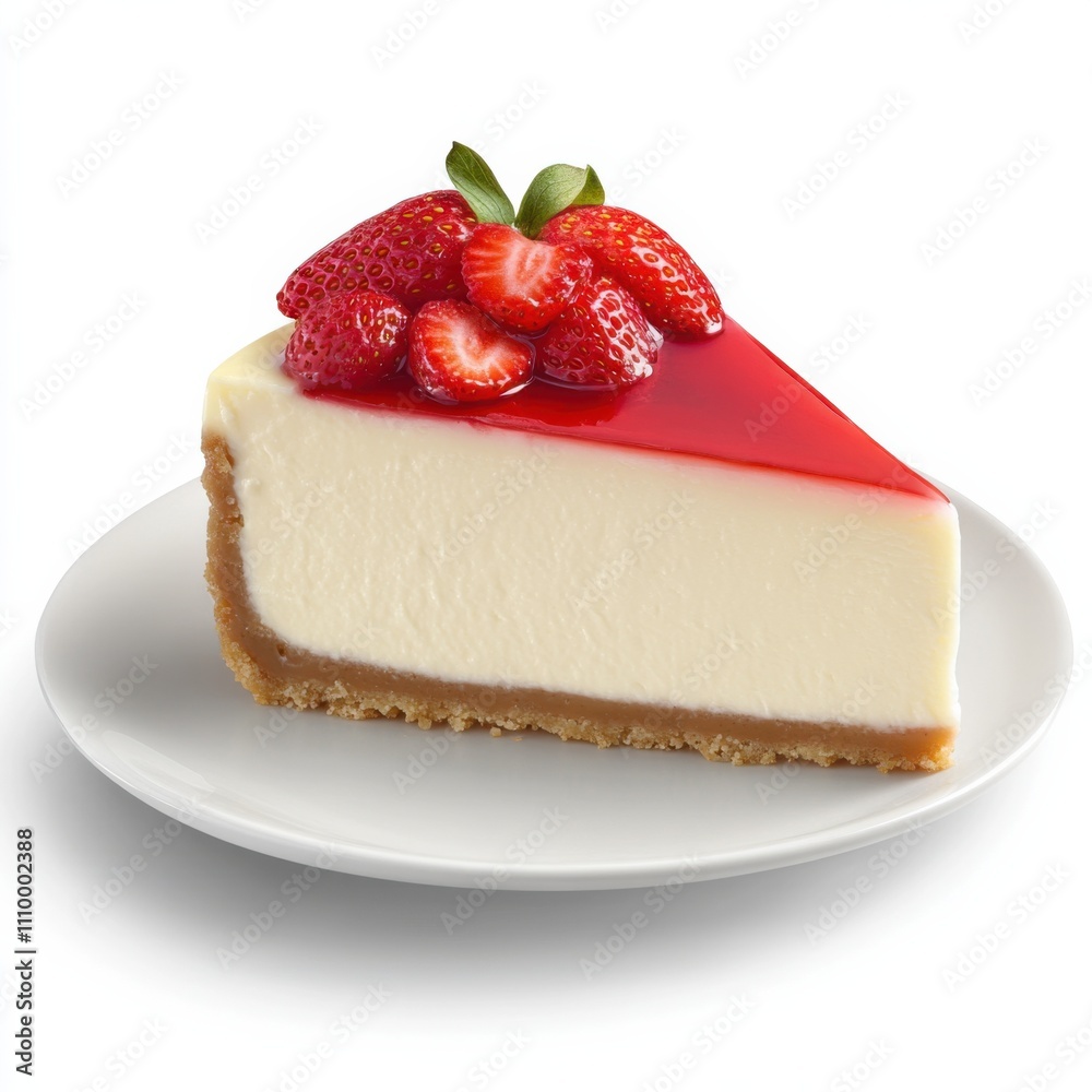 A slice of New York-style cheesecake topped with strawberries, isolated white background, realistic art style A slice of New York-style cheesecake topped with strawberries, isolated white background, realistic art style