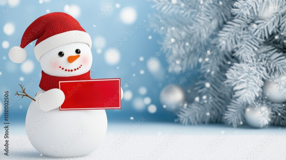 A cheerful snowman in a red hat and scarf holds a blank red sign against a snowy blue background with soft bokeh lights. A cheerful snowman in a red hat and scarf holds a blank red sign against a snowy blue background with soft bokeh lights.