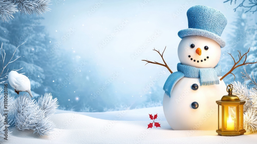 A cheerful snowman stands in a snowy landscape, adorned with a blue hat and scarf, surrounded by winter trees and a glowing lantern. A cheerful snowman stands in a snowy landscape, adorned with a blue hat and scarf, surrounded by winter trees and a glowing lantern.