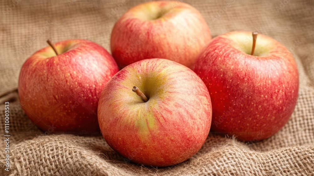 Apple image showing four apples sitting on a brown cloth Apple image showing four apples sitting on a brown cloth