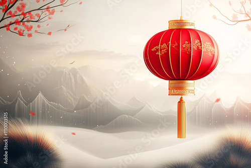 A minimalist illustration of a red lantern with gold tassels, floating in a gray gradient background