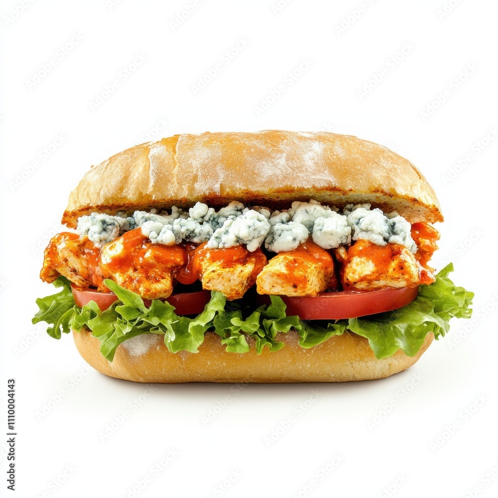 A spicy buffalo chicken sandwich with blue cheese, lettuce, and tomato on a ciabatta bun A spicy buffalo chicken sandwich with blue cheese, lettuce, and tomato on a ciabatta bun