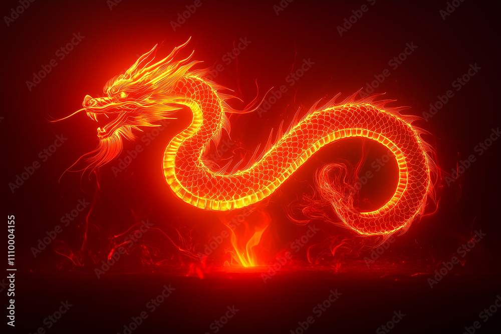A glowing golden dragon outline on a deep red gradient background A glowing golden dragon outline on a deep red gradient background