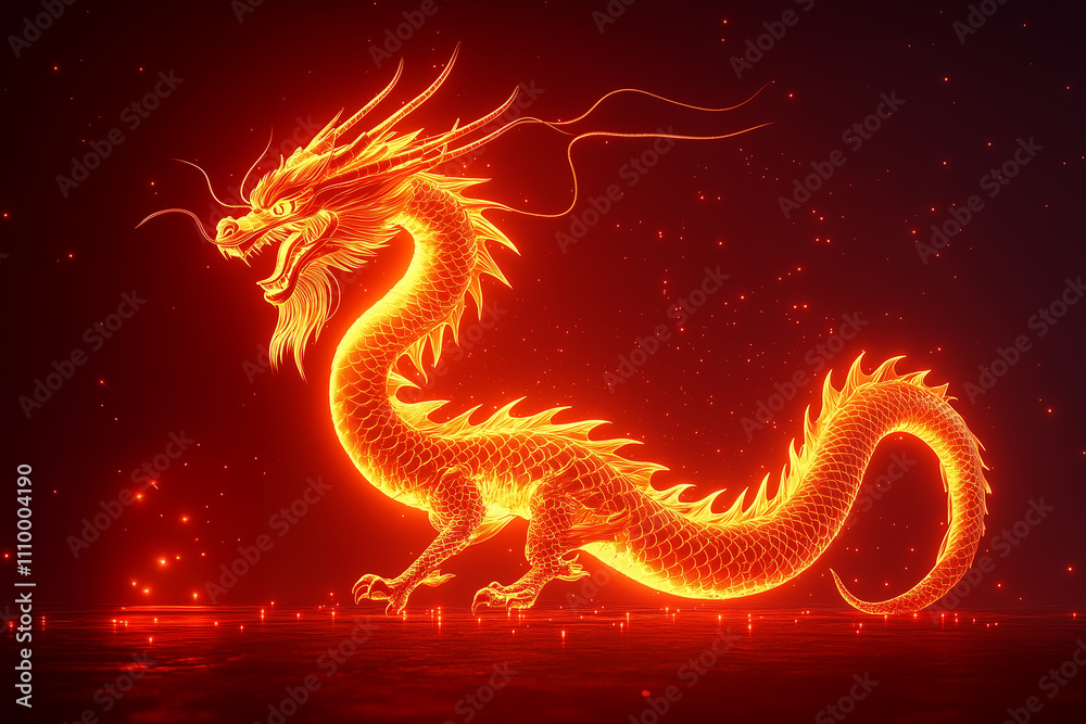 Fototapeta premium A glowing golden dragon outline on a deep red gradient background