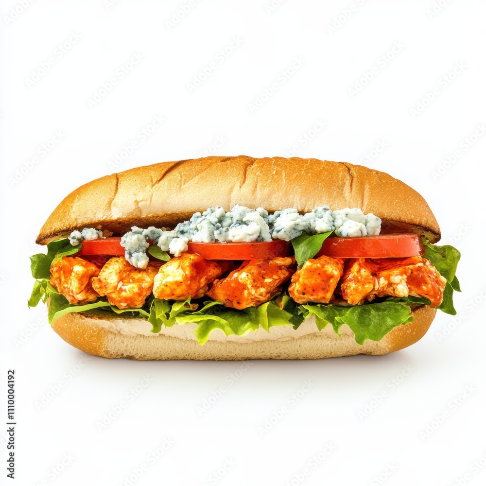 A spicy buffalo chicken sandwich with blue cheese, lettuce, and tomato on a ciabatta bun A spicy buffalo chicken sandwich with blue cheese, lettuce, and tomato on a ciabatta bun