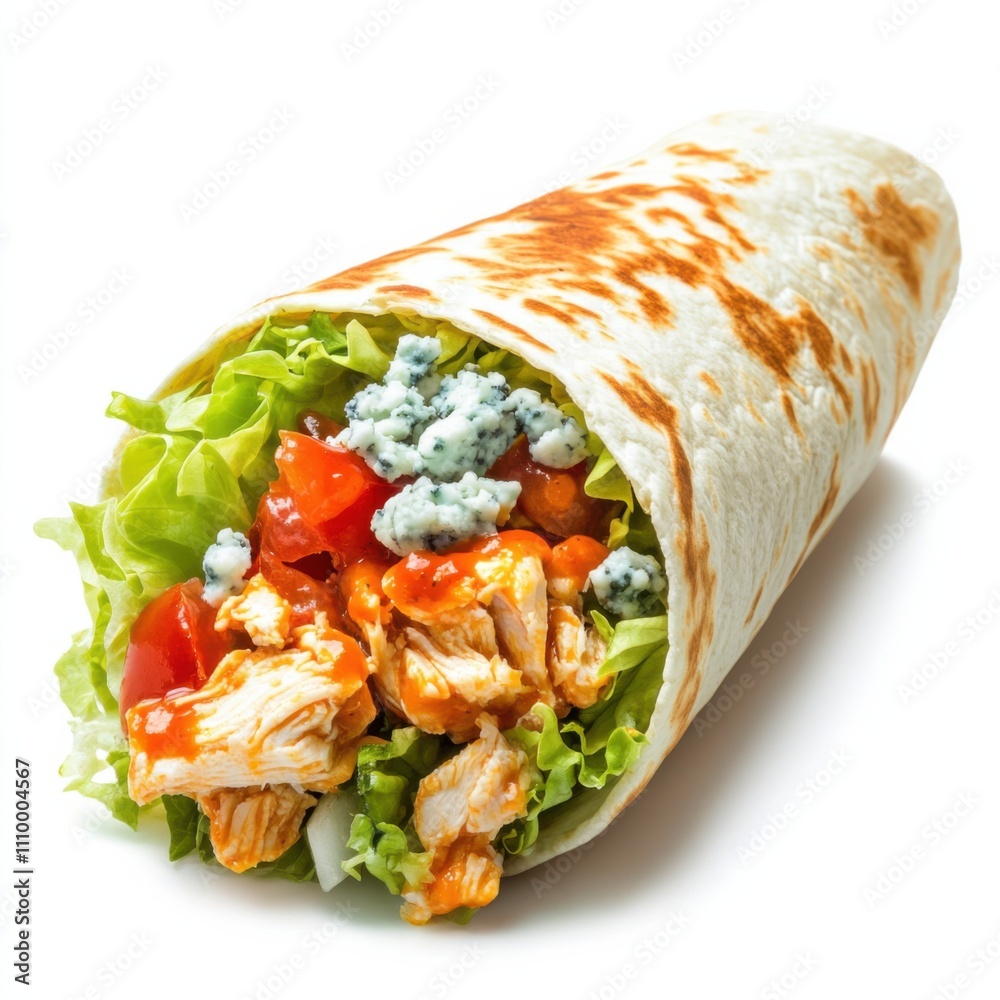 A spicy buffalo chicken wrap with shredded lettuce, diced tomatoes, blue cheese crumbles A spicy buffalo chicken wrap with shredded lettuce, diced tomatoes, blue cheese crumbles
