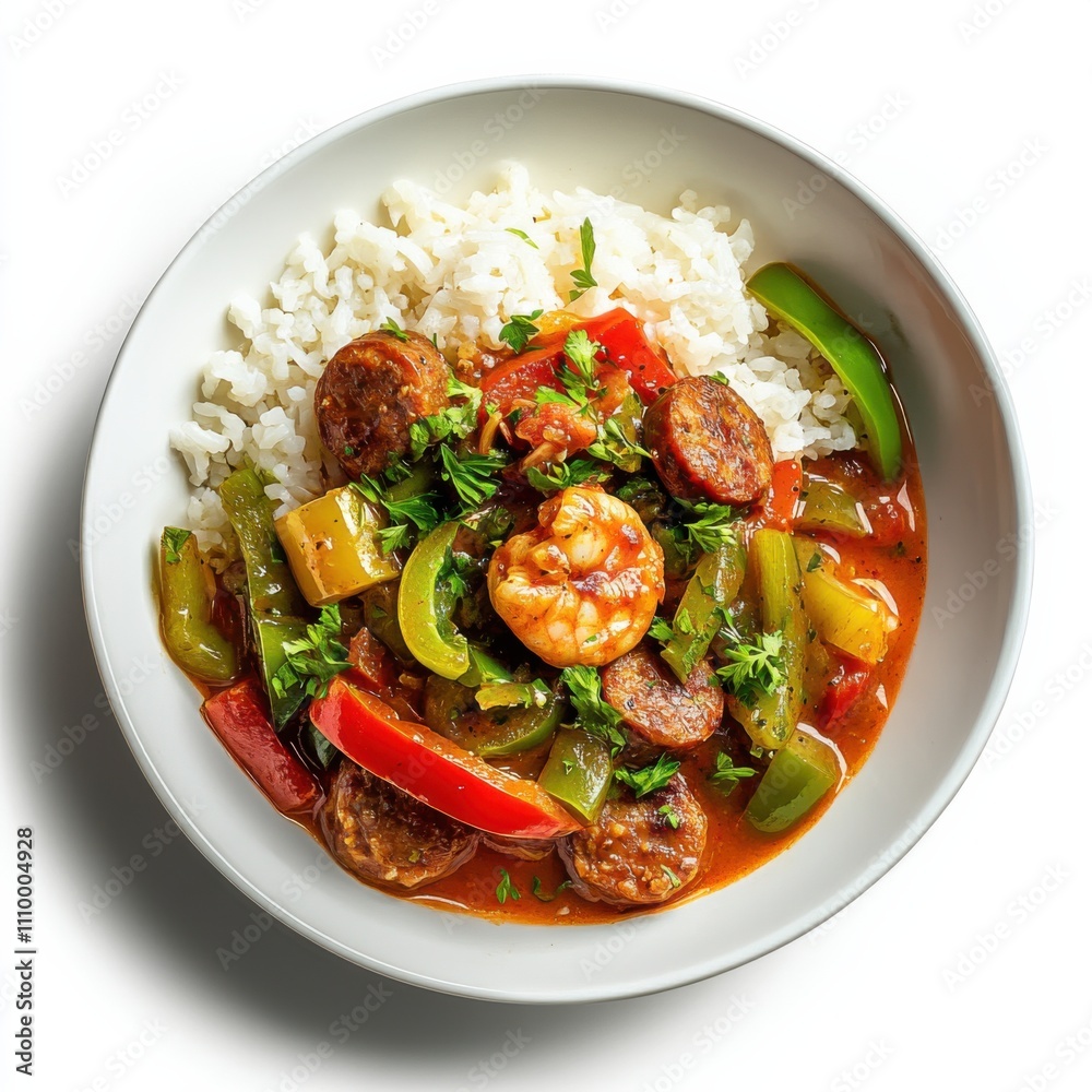 A spicy Cajun shrimp and sausage gumbo with bell peppers, okra, and rice A spicy Cajun shrimp and sausage gumbo with bell peppers, okra, and rice