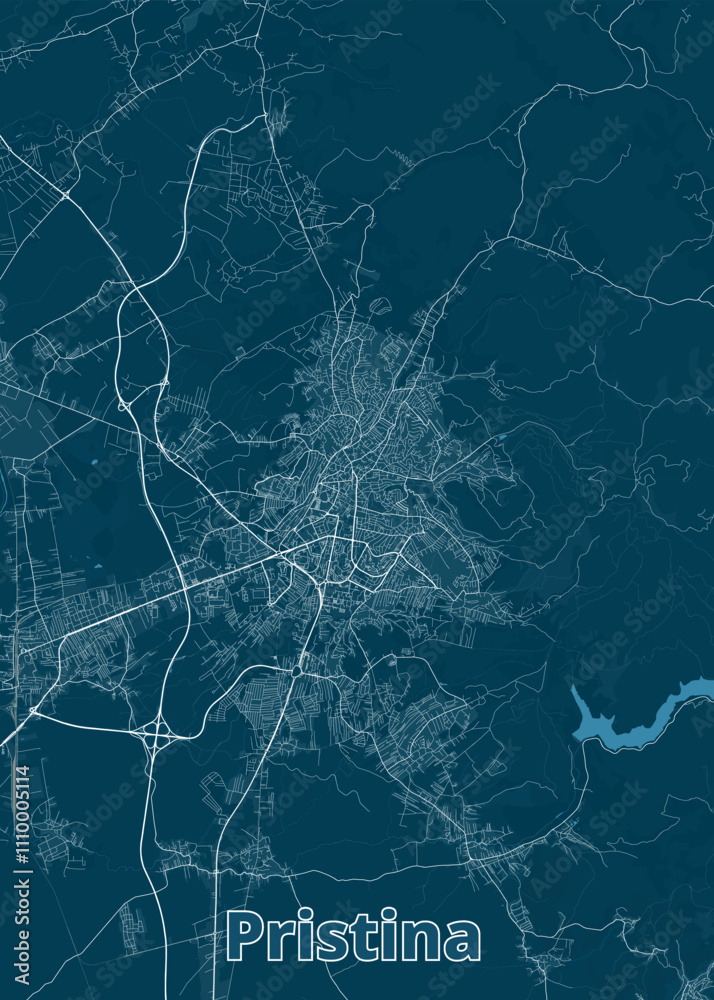 The image showcases a detailed map of Pristina, the capital city of Kosovo. The map is rendered in a minimalist style, featuring a dark teal background with white lines representing roads and streets. The image showcases a detailed map of Pristina, the capital city of Kosovo. The map is rendered in a minimalist style, featuring a dark teal background with white lines representing roads and streets.